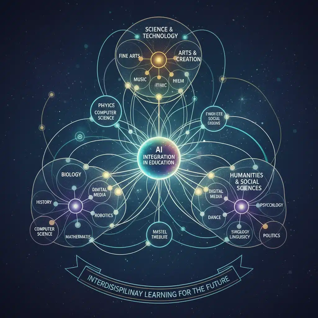 Neural network graphic connecting academic disciplines in education.