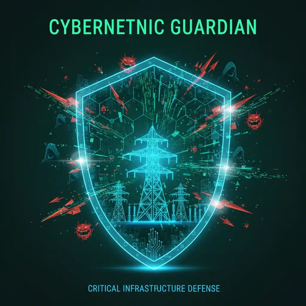 Advanced cybersecurity measures protecting a power grid against digital threats.