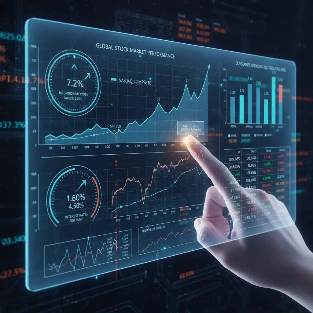 Digital dashboard showing real-time economic indicators and market trends.