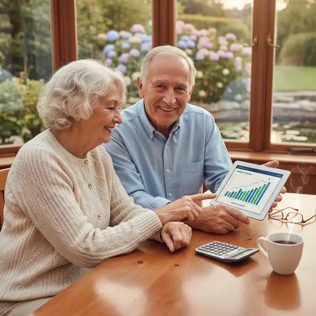 Happy elderly couple reviewing financial plans on a tablet, symbolizing retirement security and financial planning.