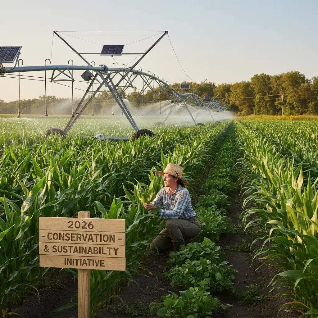 Farmer inspecting crops in a field, highlighting sustainable agriculture and conservation efforts under the Farm Bill.