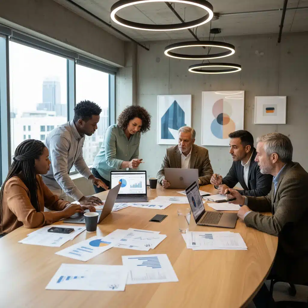 Diverse individuals engaged in financial planning and discussing investment strategies.