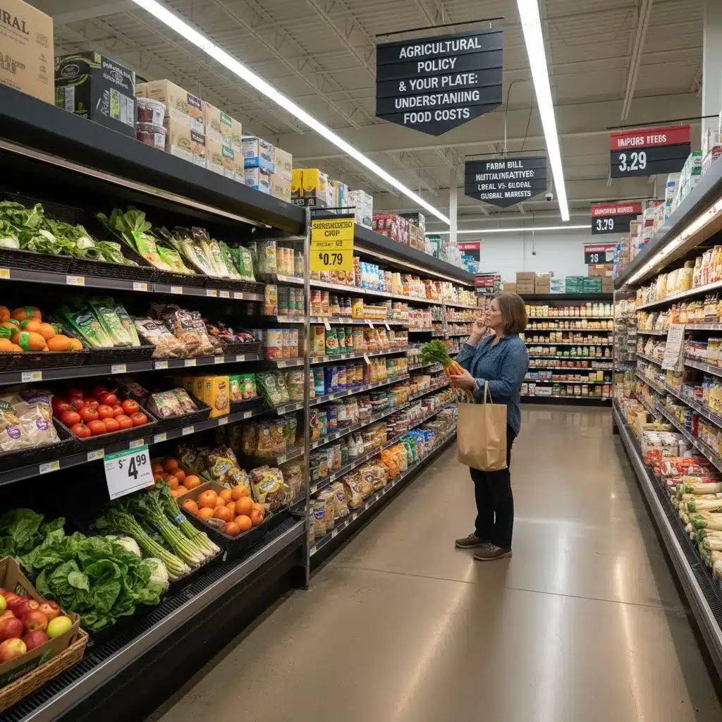 Shopping cart filled with groceries in a supermarket, symbolizing the consumer impact of food prices influenced by agricultural policies.