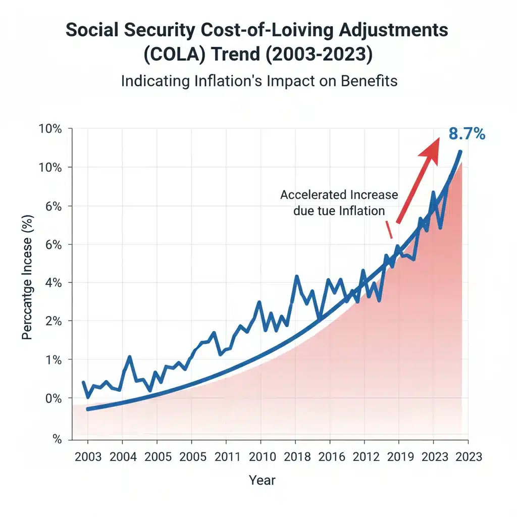 Historical graph illustrating past Social Security COLA percentages and their upward trend over two decades.