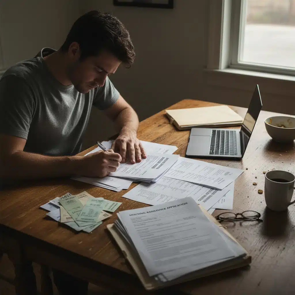 Person filling out housing assistance application forms at a kitchen table.