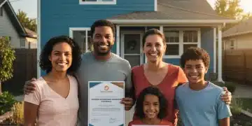 Family smiling in front of home with housing aid document, symbolizing housing assistance programs 2026.