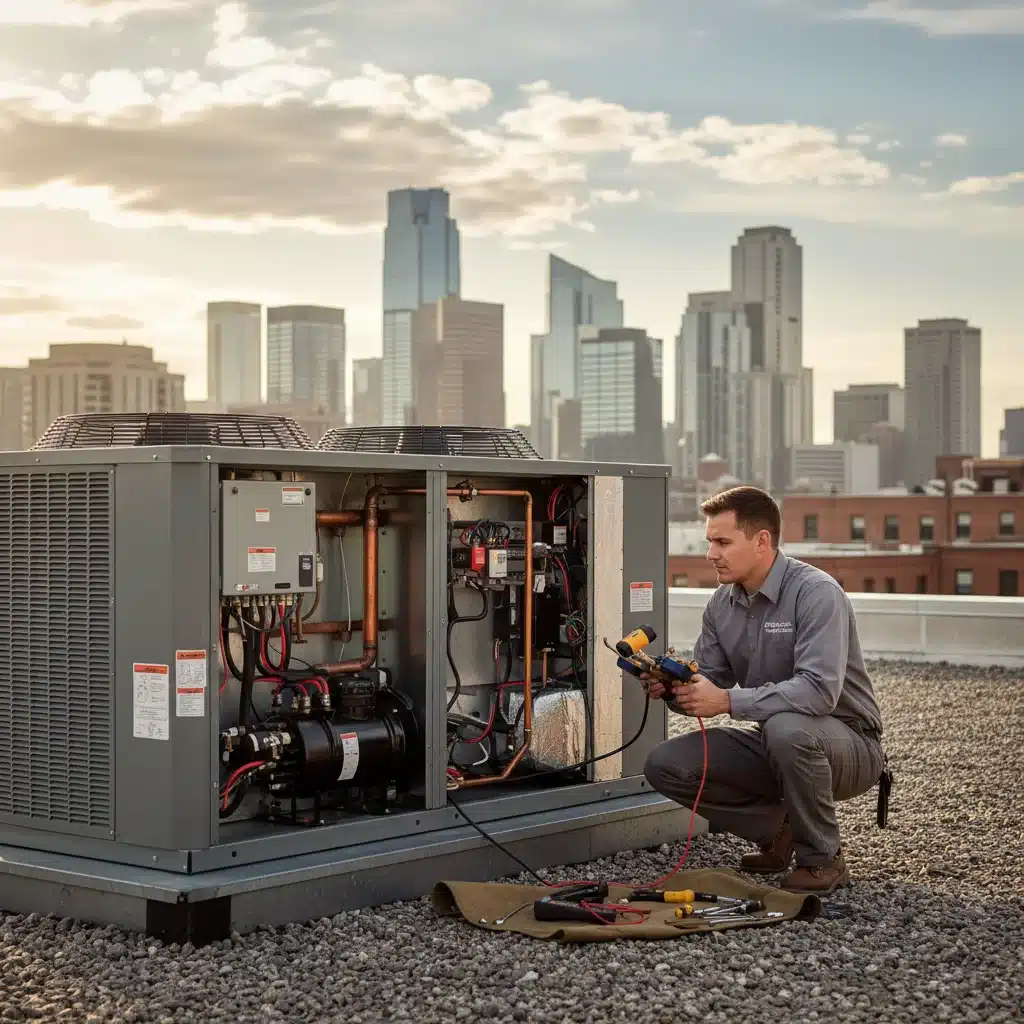 HVAC technician performing maintenance on a commercial air conditioning unit.