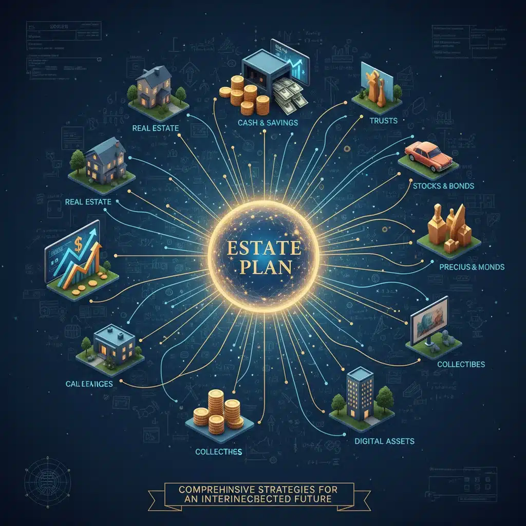 Complex financial assets interconnected in an estate plan