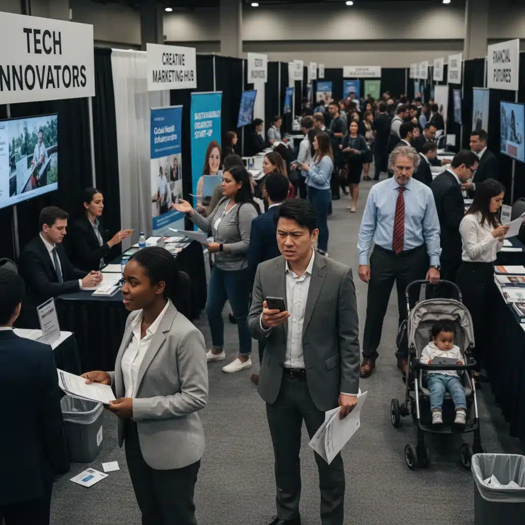 Diverse individuals at a job fair, seeking employment during economic uncertainty.