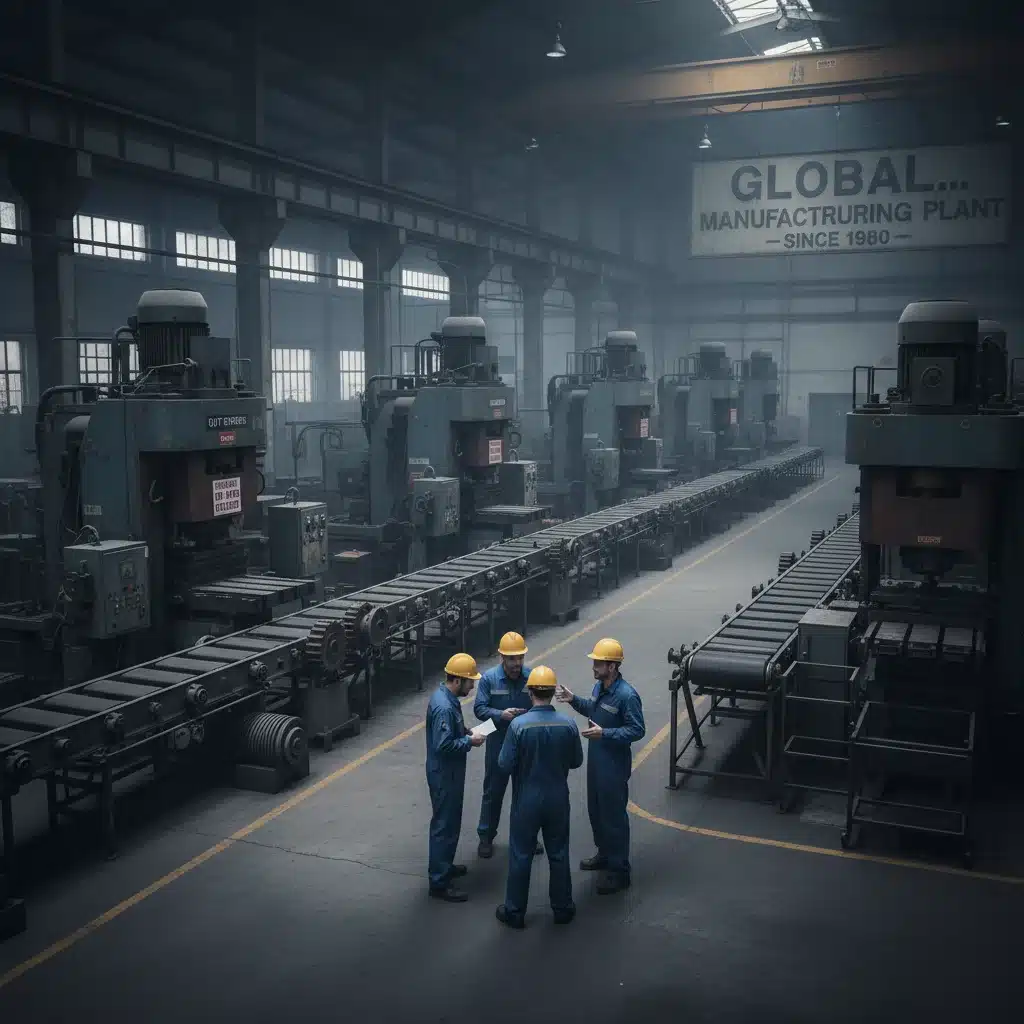 Manufacturing workers looking concerned amidst idle factory machinery, symbolizing job losses.
