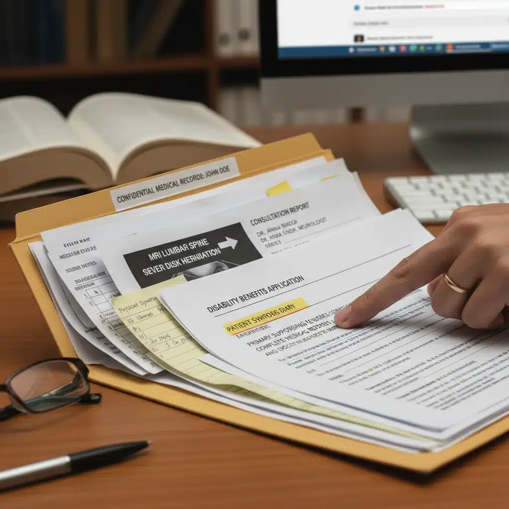 Close-up of medical records for disability benefits application
