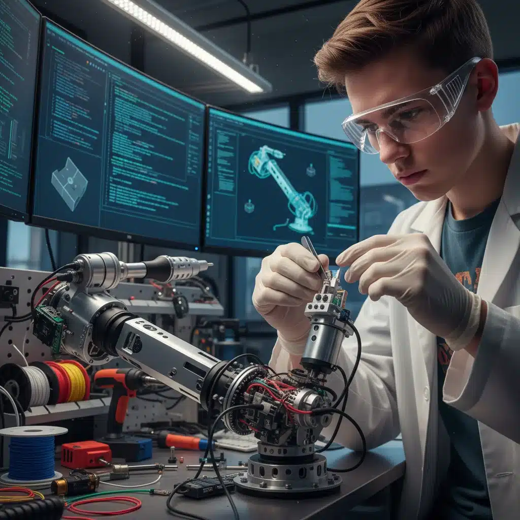 Student assembling a robotic arm in a modern mechatronics lab.