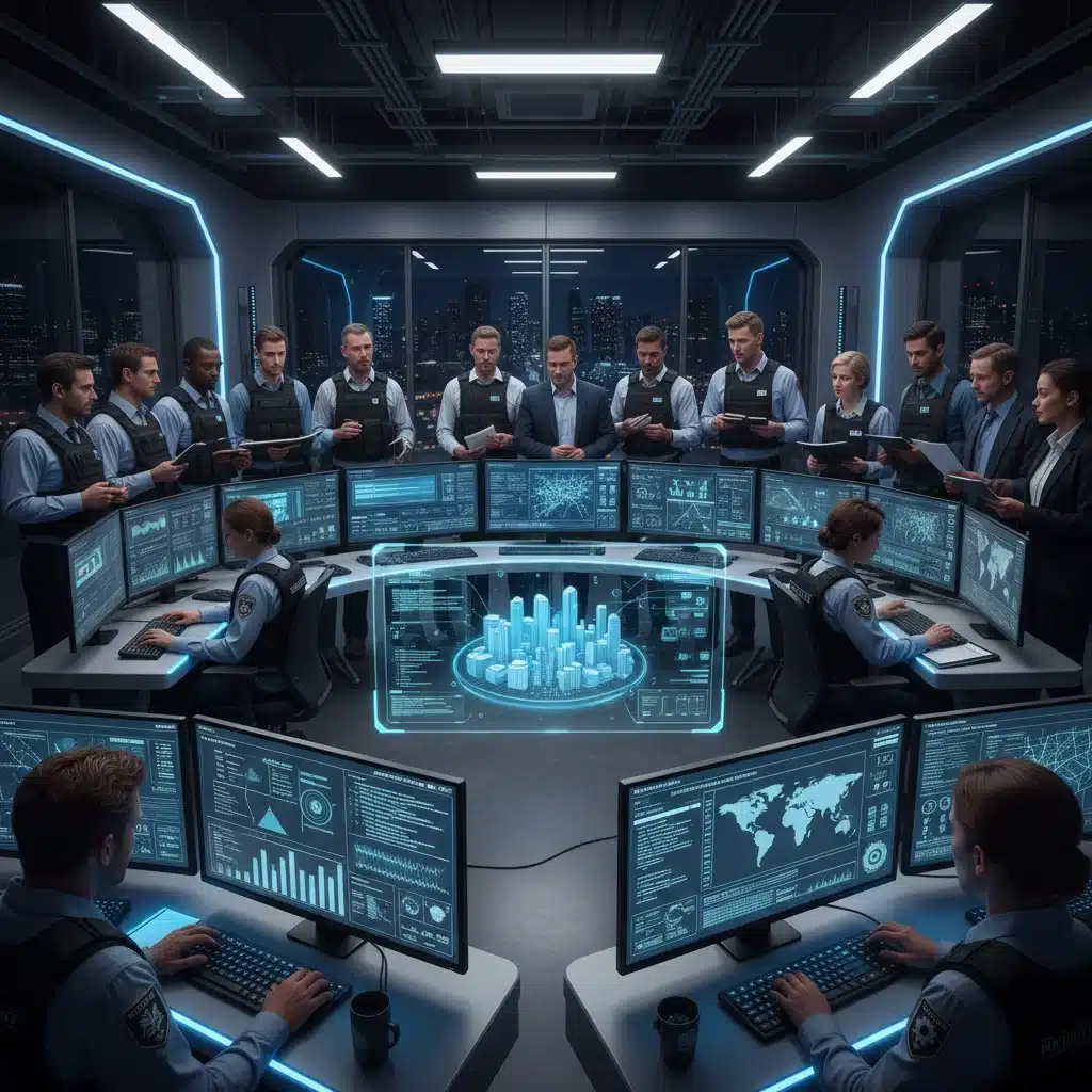Security analysts and engineers collaborating in a control room for critical infrastructure monitoring.