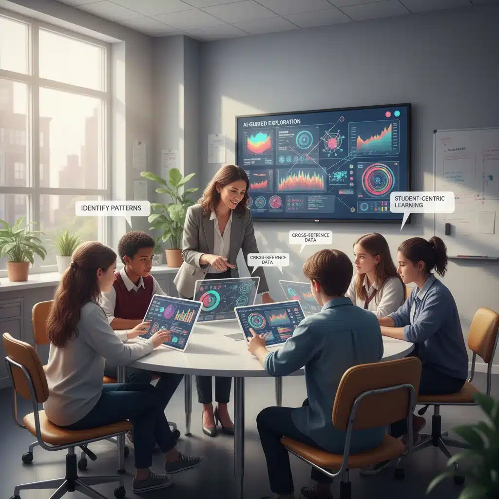 Teacher guiding students using AI data analysis tools.