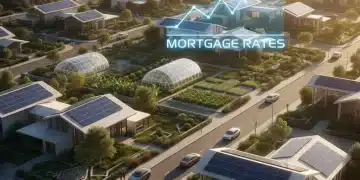 Futuristic suburban homes with a subtle mortgage rate graph overlay, symbolizing the 2026 housing market forecast.