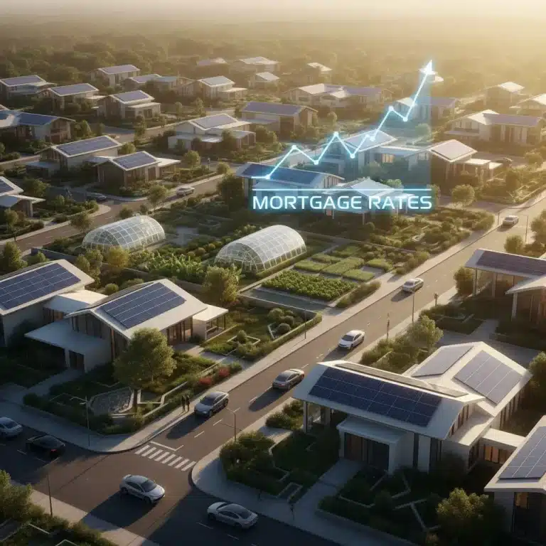 Futuristic suburban homes with a subtle mortgage rate graph overlay, symbolizing the 2026 housing market forecast.