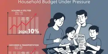 Family reviewing household budget with rising costs and inflation charts in the background.