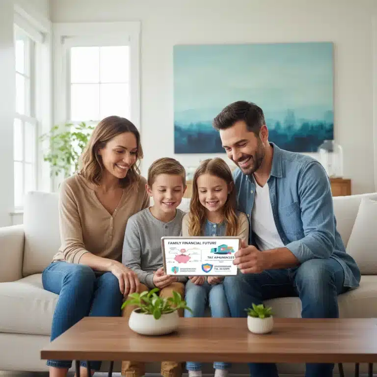 Happy family reviewing Child Tax Credit 2026 information on a tablet