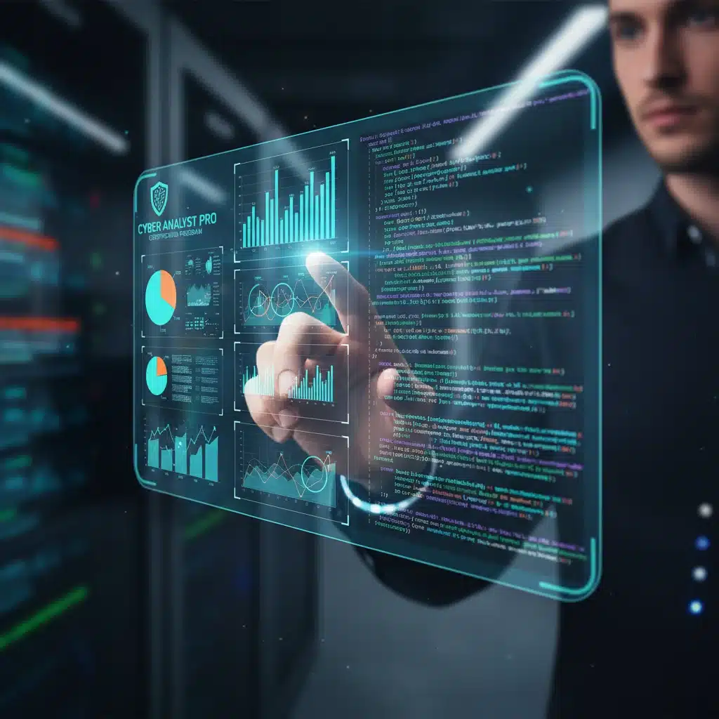 Hand interacting with digital interface showing cybersecurity data and code.
