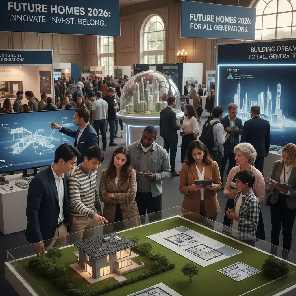 Diverse group of prospective homebuyers and real estate investors examining house models and plans.