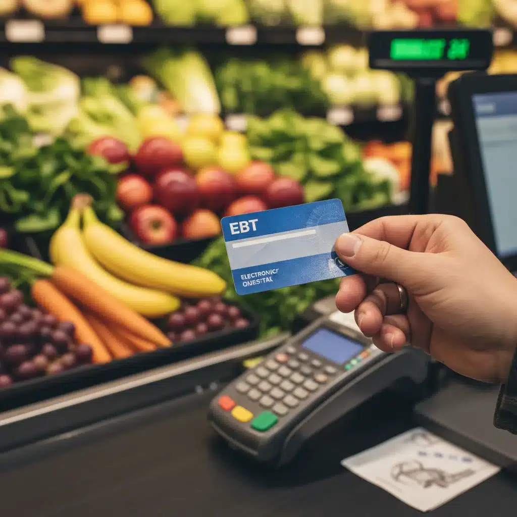 Person holding EBT card at grocery store checkout, symbolizing ease of use for SNAP benefits.
