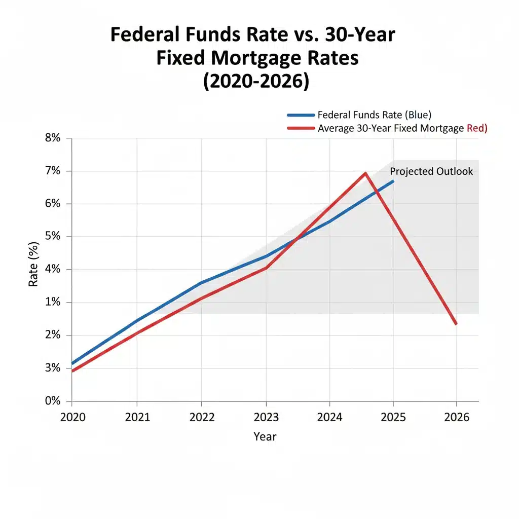 Historical and projected mortgage rates in relation to Federal Funds Rate