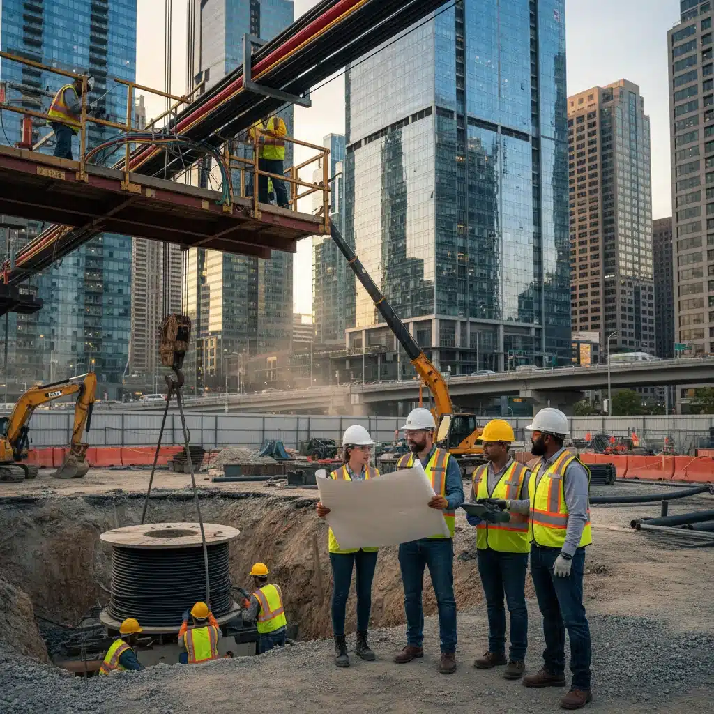 Construction workers installing fiber optic cables for broadband expansion.