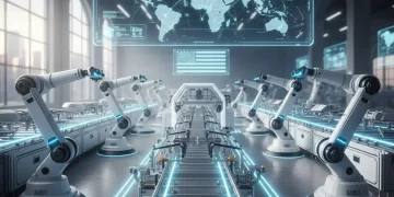 Futuristic US factory floor with robotics and global trade map