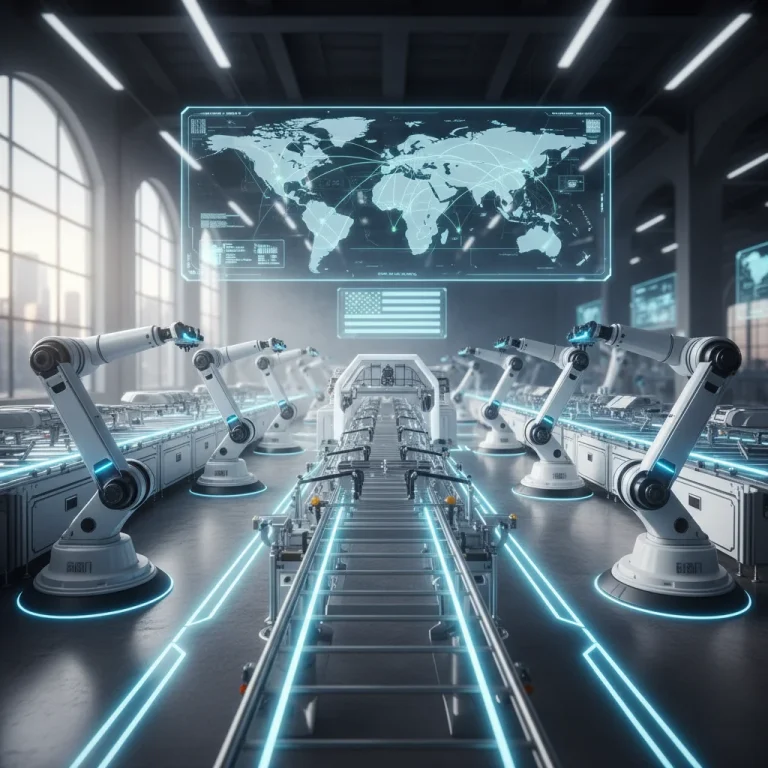 Futuristic US factory floor with robotics and global trade map