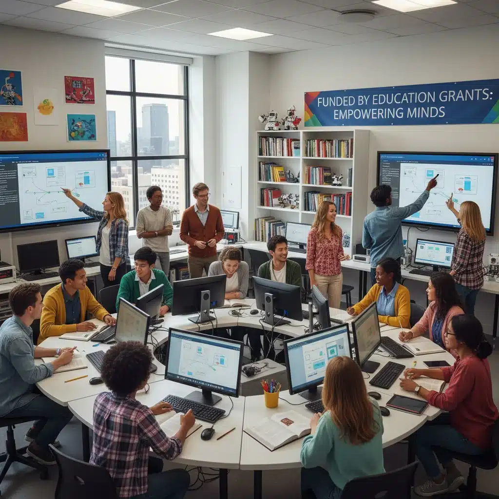 Students and teachers collaborating on an educational project, benefiting from federal grants.