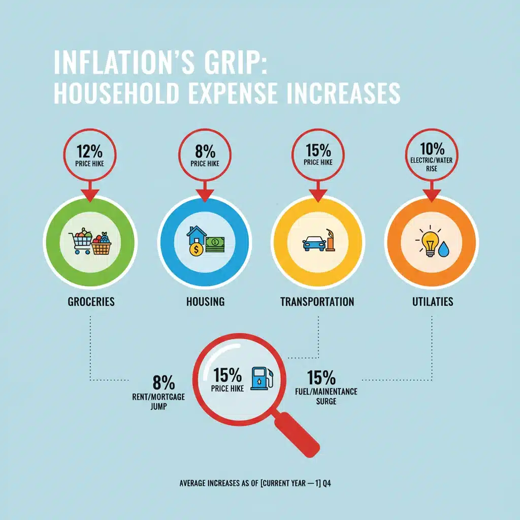 Infographic detailing how inflation affects different household expense categories like groceries and housing.
