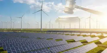 Solar panels and wind turbines symbolizing renewable energy investment and legislative support.