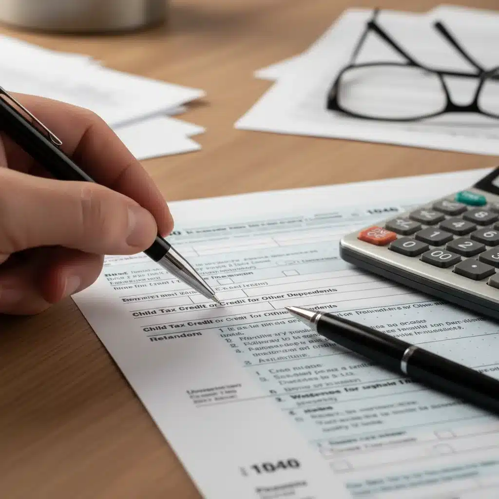 Hand reviewing Child Tax Credit 2026 tax form details with a calculator