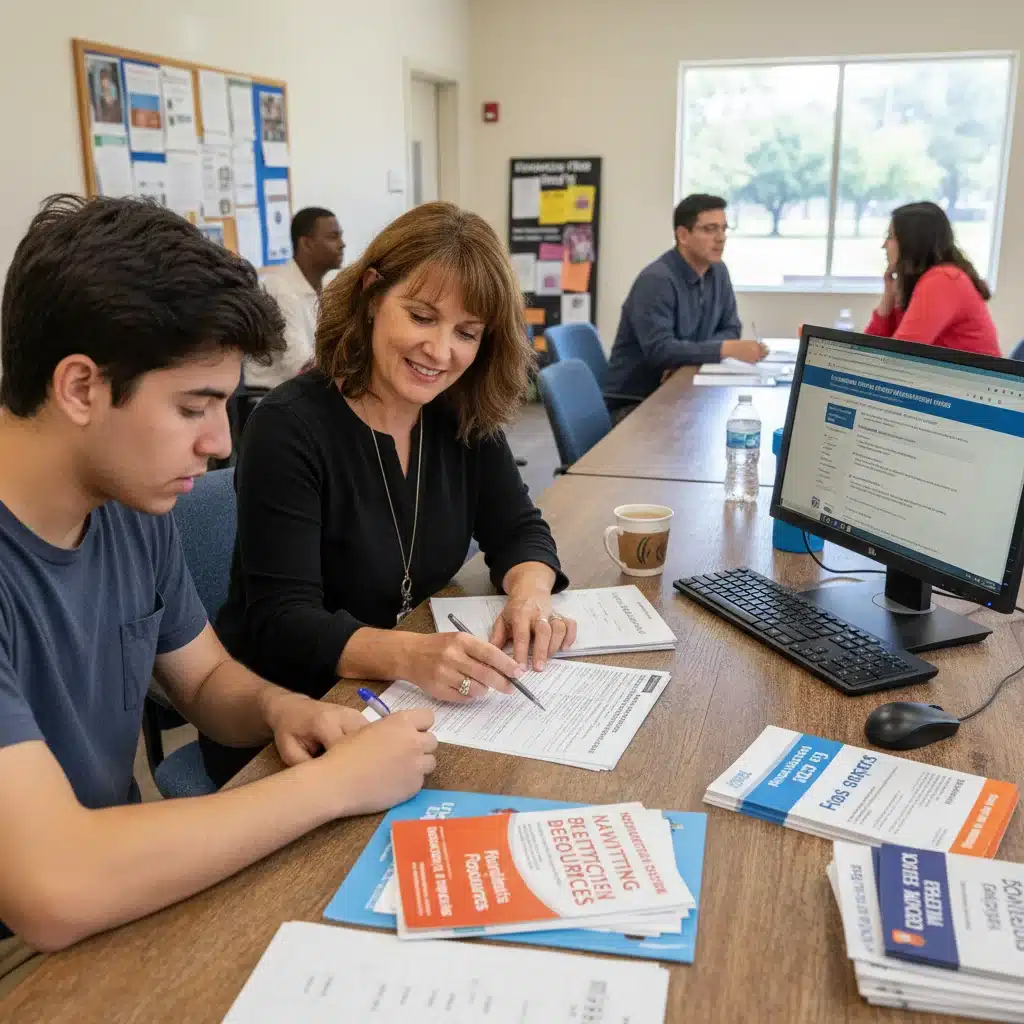 Community worker helping client with SNAP application forms, demonstrating support.
