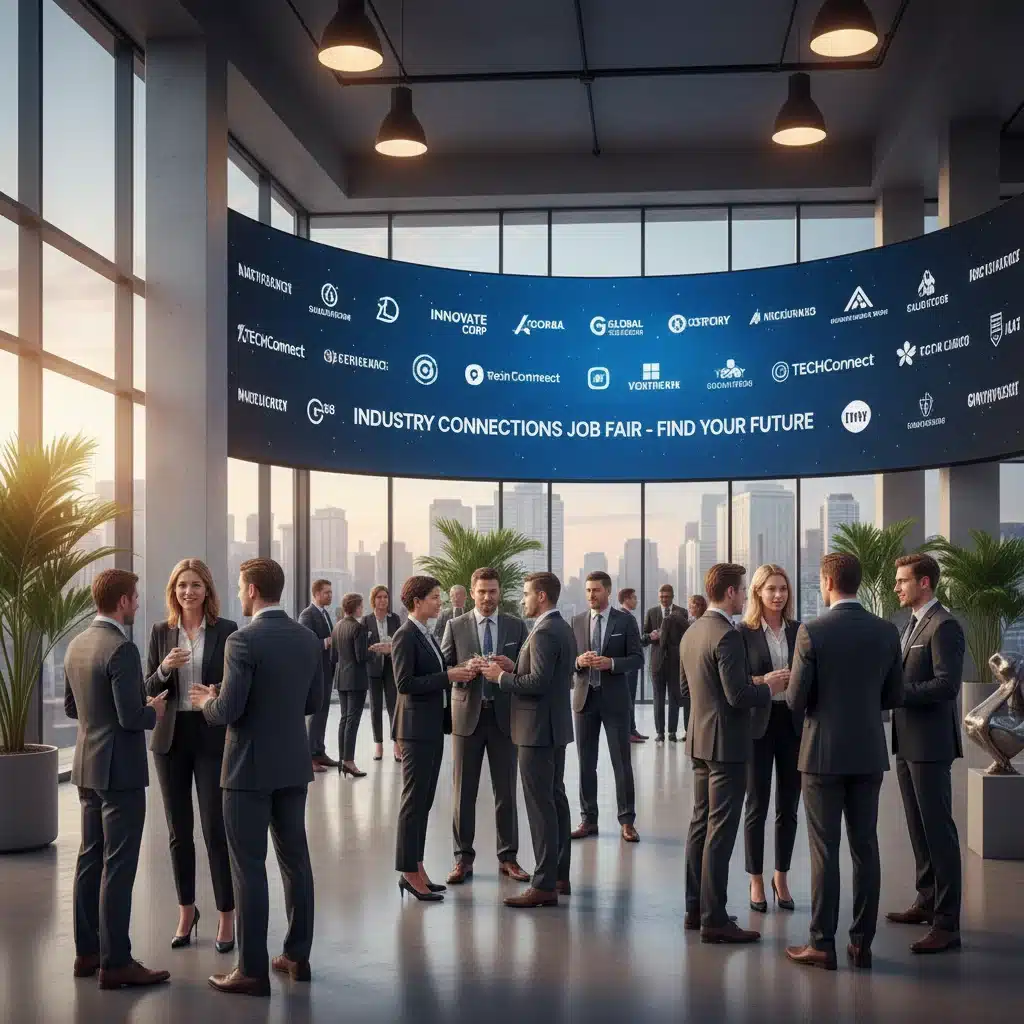 Professionals networking at a career fair with company logos displayed.