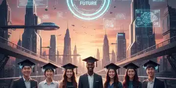 Graduates confidently looking towards a futuristic city, symbolizing successful STEM careers.