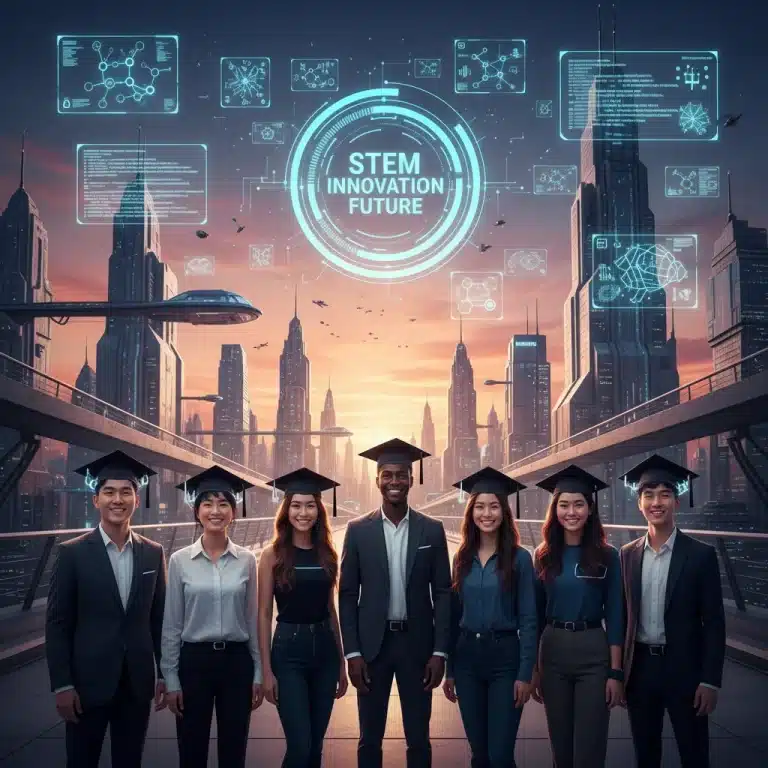 Graduates confidently looking towards a futuristic city, symbolizing successful STEM careers.