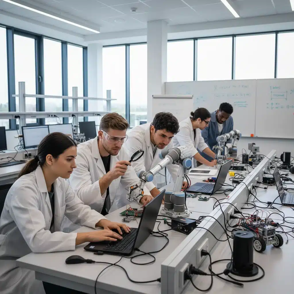 Students collaborating on a robotics project in a modern university lab.