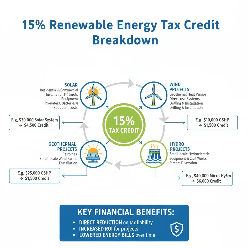 Infographic detailing the 15 percent renewable energy tax credit benefits and application.