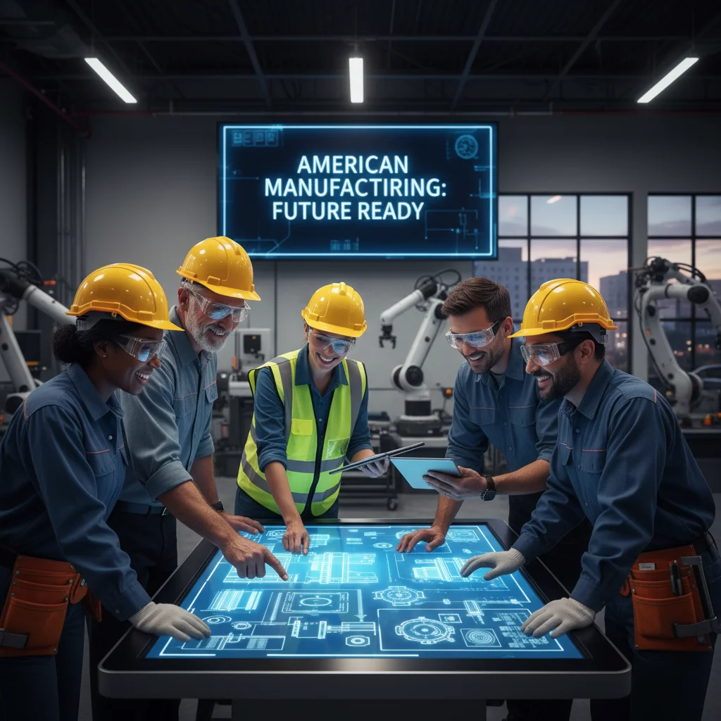 Diverse US manufacturing workers collaborating on digital blueprint