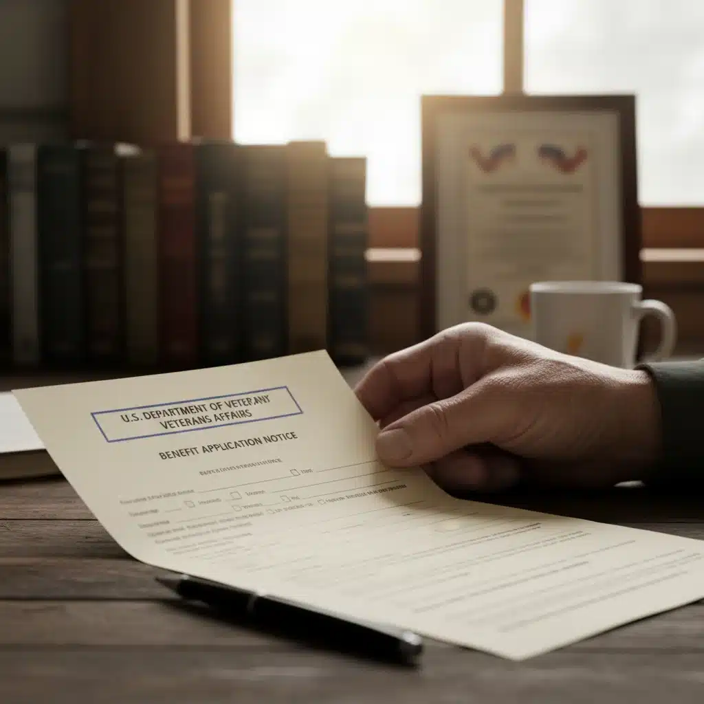 Veteran reviewing important VA benefit documents, emphasizing careful application and understanding.