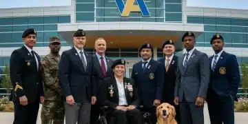 Diverse group of veterans standing proudly in front of a modern VA building, representing military service and hope.