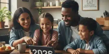 Smiling family reviewing federal assistance documents