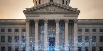 Supreme Court building with digital data streams, symbolizing the intersection of law and data privacy.
